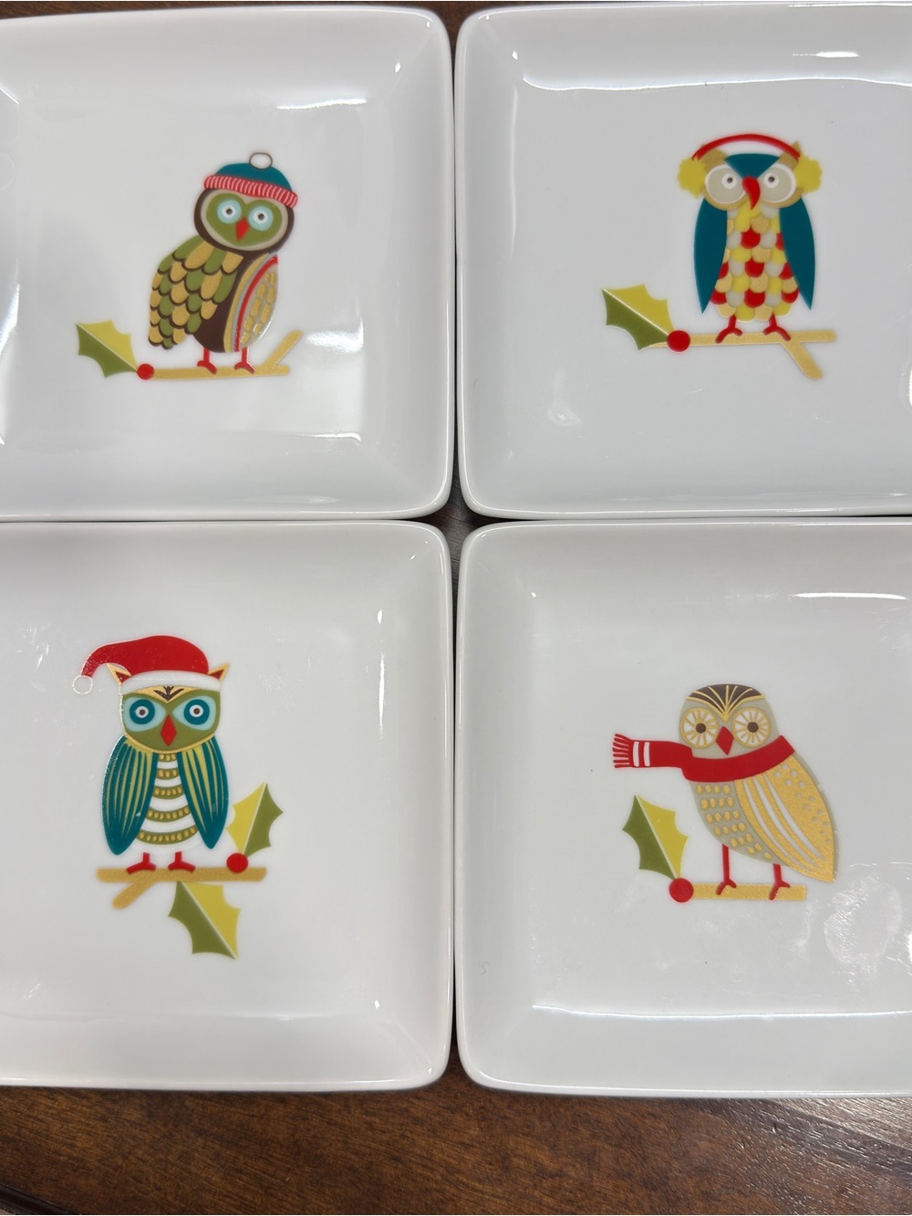 Paper Source White Holiday Owl Snack Plates with Multicolor Accents
